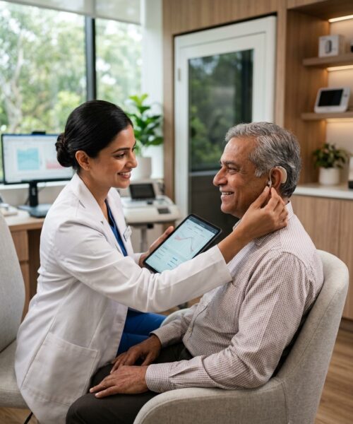 Audiologist adjust hearing aid